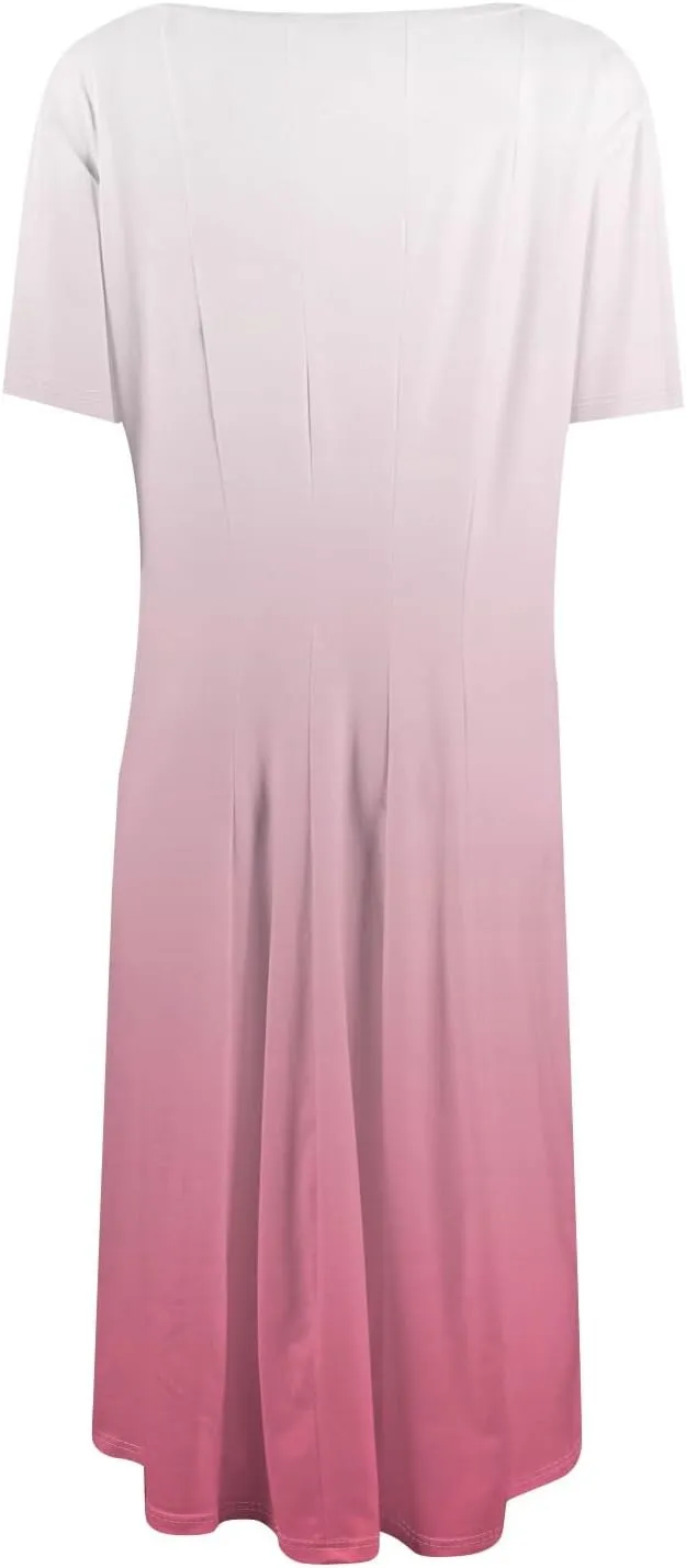Womens Summer Midi Dress Short Sleeve Casual Plus Size A Line Elegant Formal Smocked Flowy Floral Knee Length Dress