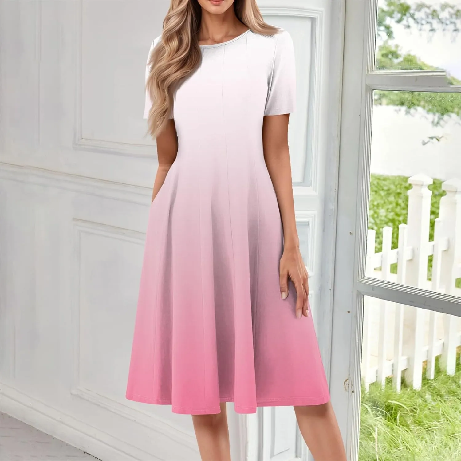 Womens Summer Midi Dress Short Sleeve Casual Plus Size A Line Elegant Formal Smocked Flowy Floral Knee Length Dress