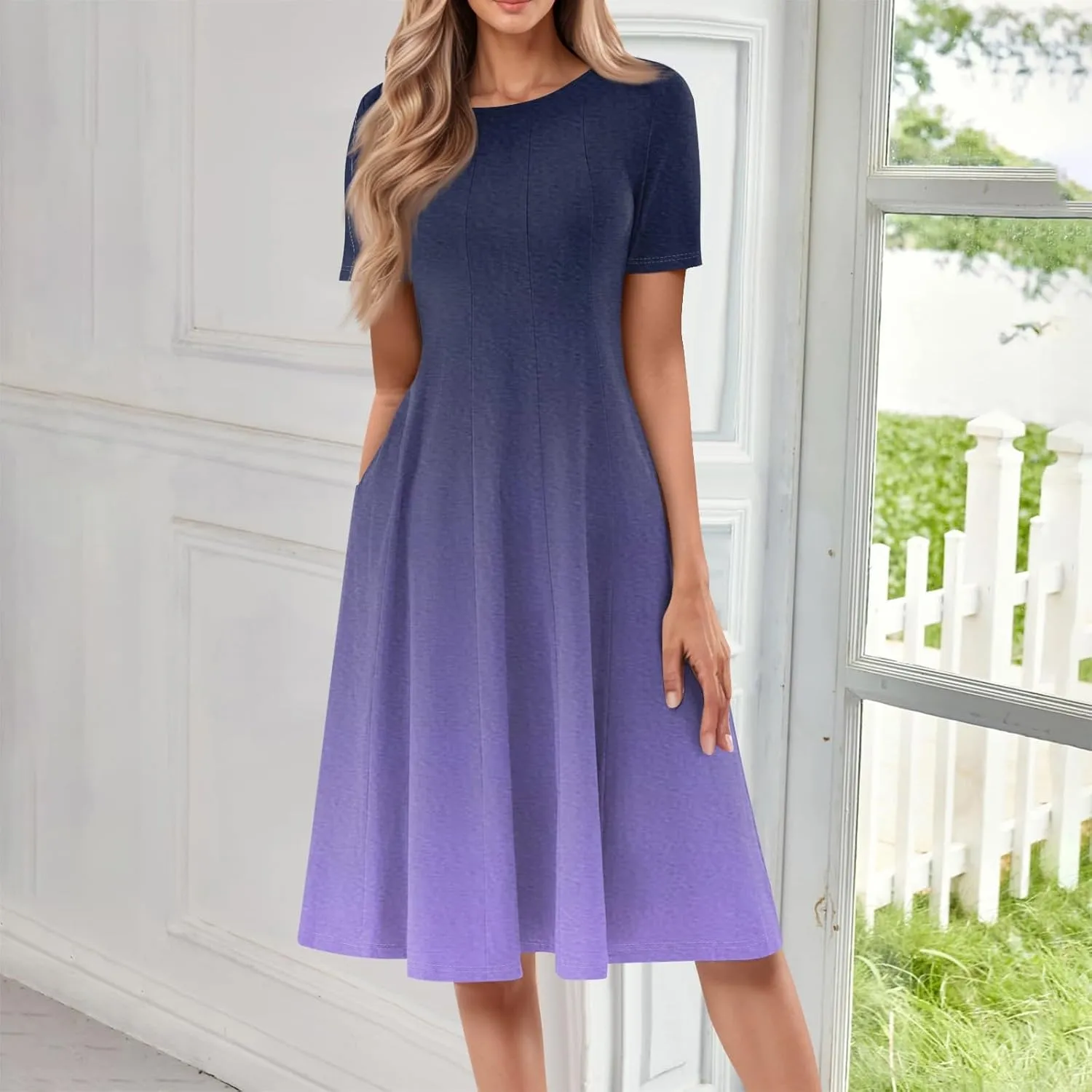 Womens Summer Midi Dress Short Sleeve Casual Plus Size A Line Elegant Formal Smocked Flowy Floral Knee Length Dress
