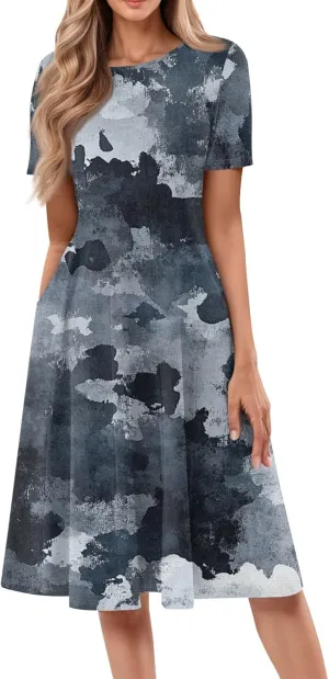 Womens Summer Midi Dress Short Sleeve Casual Plus Size A Line Elegant Formal Smocked Flowy Floral Knee Length Dress