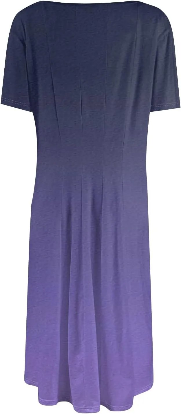 Womens Summer Midi Dress Short Sleeve Casual Plus Size A Line Elegant Formal Smocked Flowy Floral Knee Length Dress