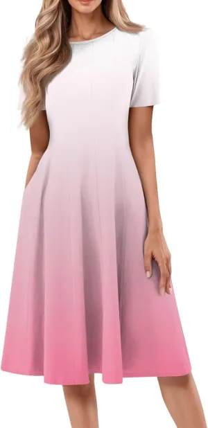 Womens Summer Midi Dress Short Sleeve Casual Plus Size A Line Elegant Formal Smocked Flowy Floral Knee Length Dress