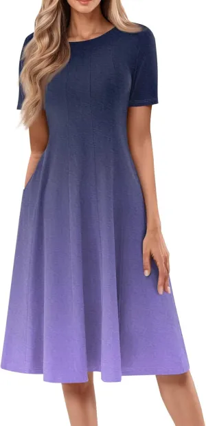 Womens Summer Midi Dress Short Sleeve Casual Plus Size A Line Elegant Formal Smocked Flowy Floral Knee Length Dress