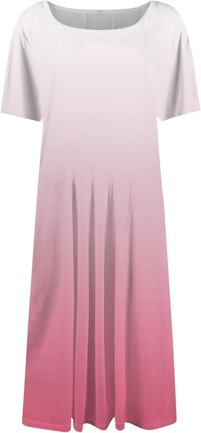 Womens Summer Midi Dress Short Sleeve Casual Plus Size A Line Elegant Formal Smocked Flowy Floral Knee Length Dress
