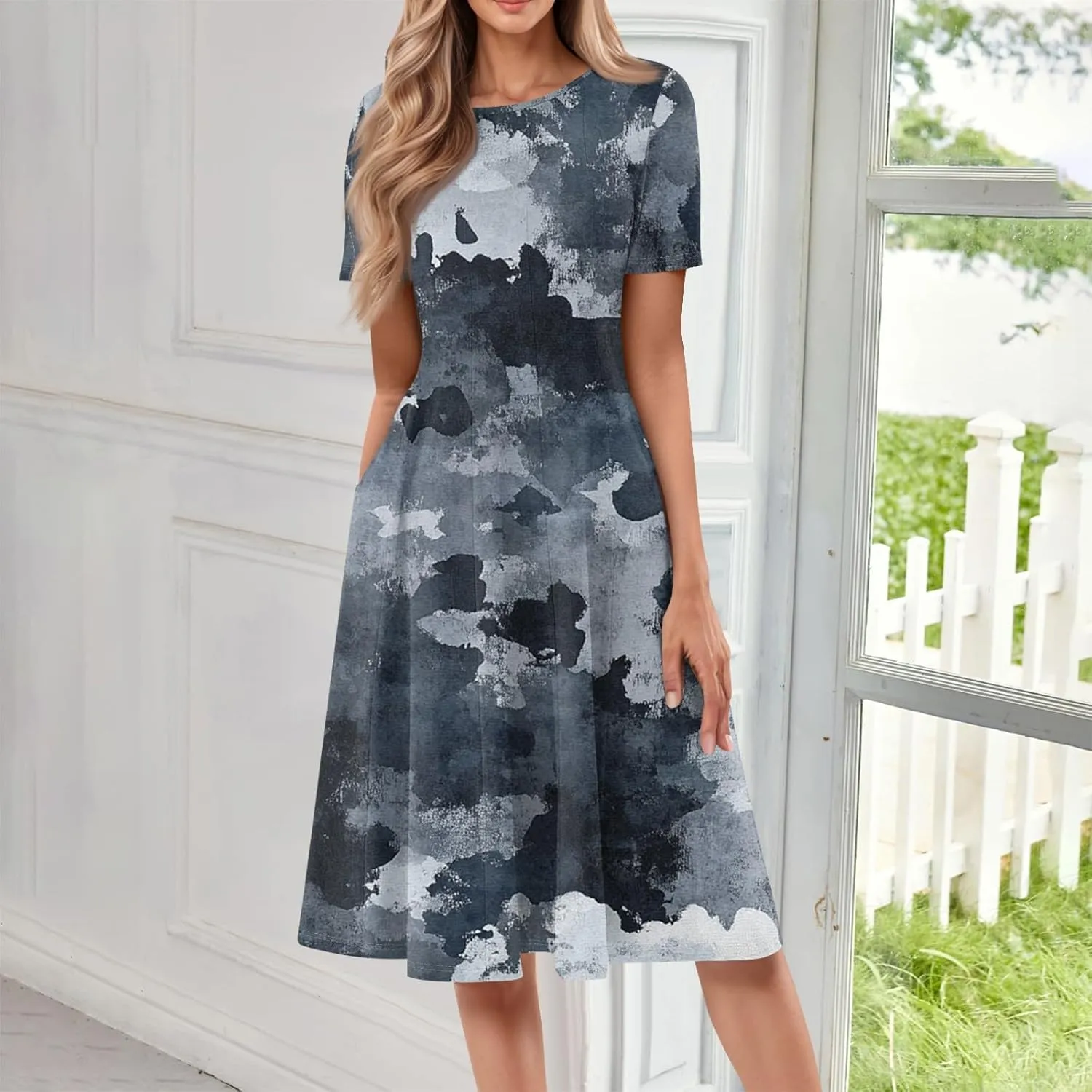 Womens Summer Midi Dress Short Sleeve Casual Plus Size A Line Elegant Formal Smocked Flowy Floral Knee Length Dress