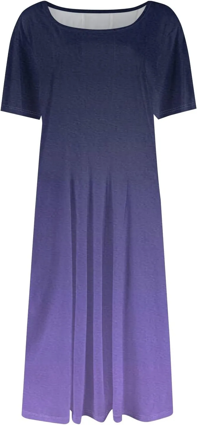 Womens Summer Midi Dress Short Sleeve Casual Plus Size A Line Elegant Formal Smocked Flowy Floral Knee Length Dress