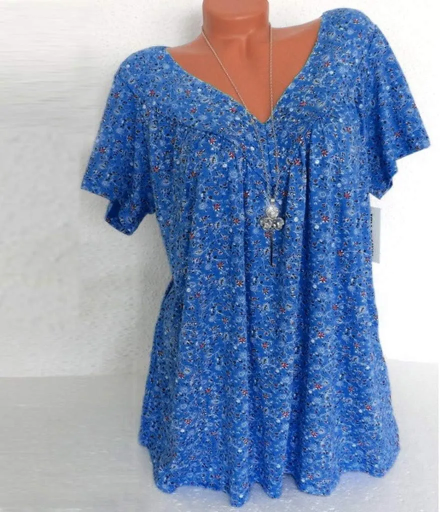 Womens Summer Tops Short Sleeve Floral Shirts Casual Boho V Neck Tshirts Hide Belly Fat Vacation Tunic Dressy Blouses