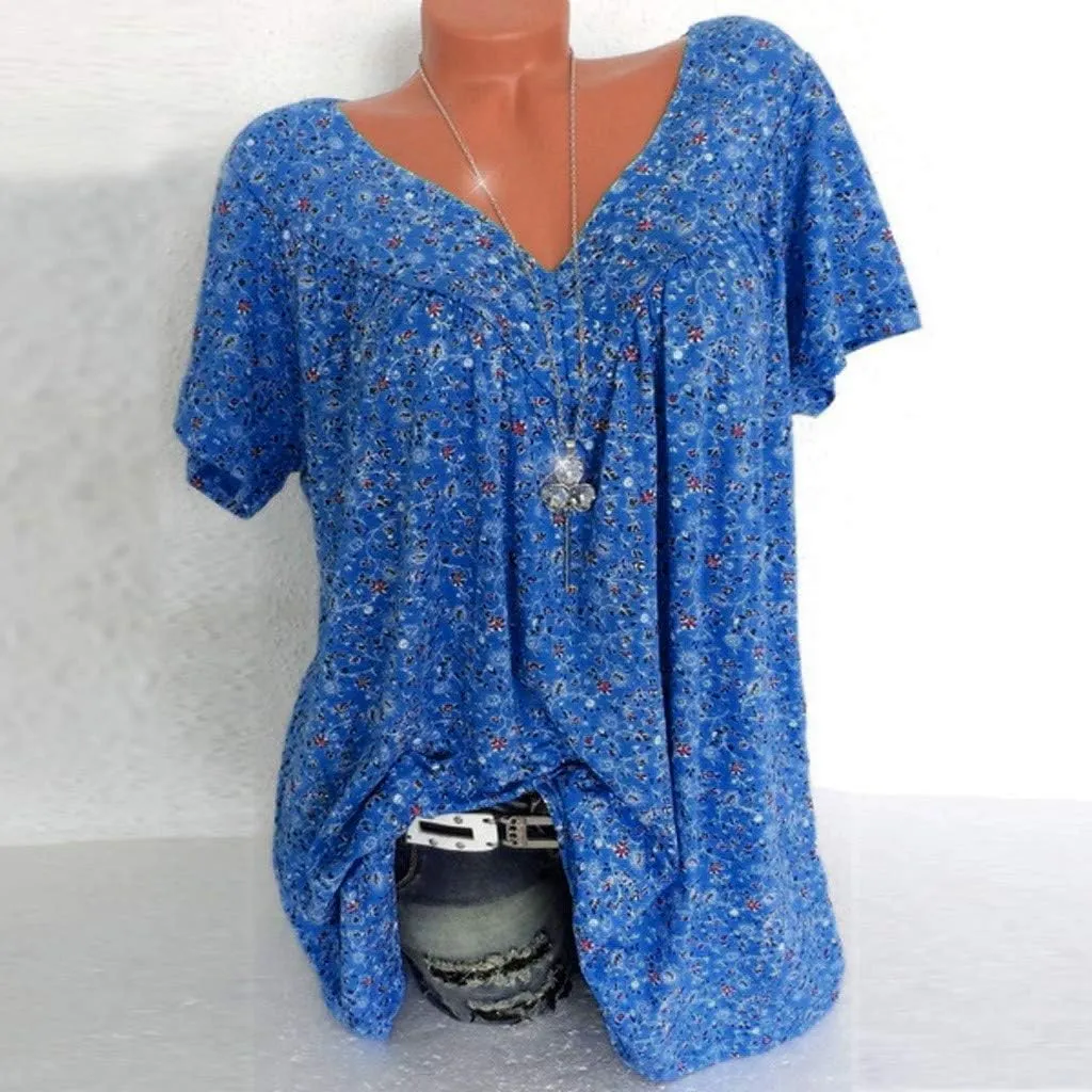 Womens Summer Tops Short Sleeve Floral Shirts Casual Boho V Neck Tshirts Hide Belly Fat Vacation Tunic Dressy Blouses