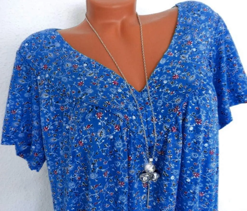 Womens Summer Tops Short Sleeve Floral Shirts Casual Boho V Neck Tshirts Hide Belly Fat Vacation Tunic Dressy Blouses