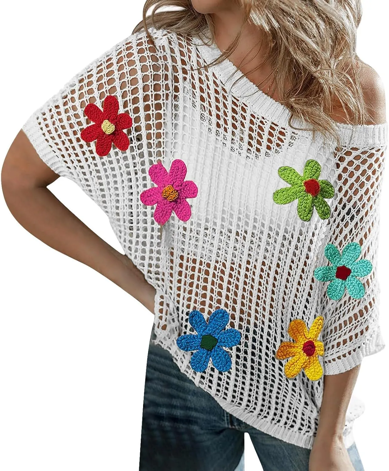 Womens Sweaters Summer Knit Off The Shoulder Short Sleeve Hollow Out Casual Loose Floral Beach Smocked Tops T-Shirts