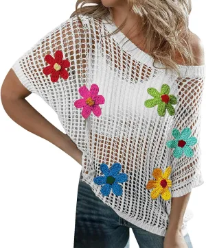 Womens Sweaters Summer Knit Off The Shoulder Short Sleeve Hollow Out Casual Loose Floral Beach Smocked Tops T-Shirts