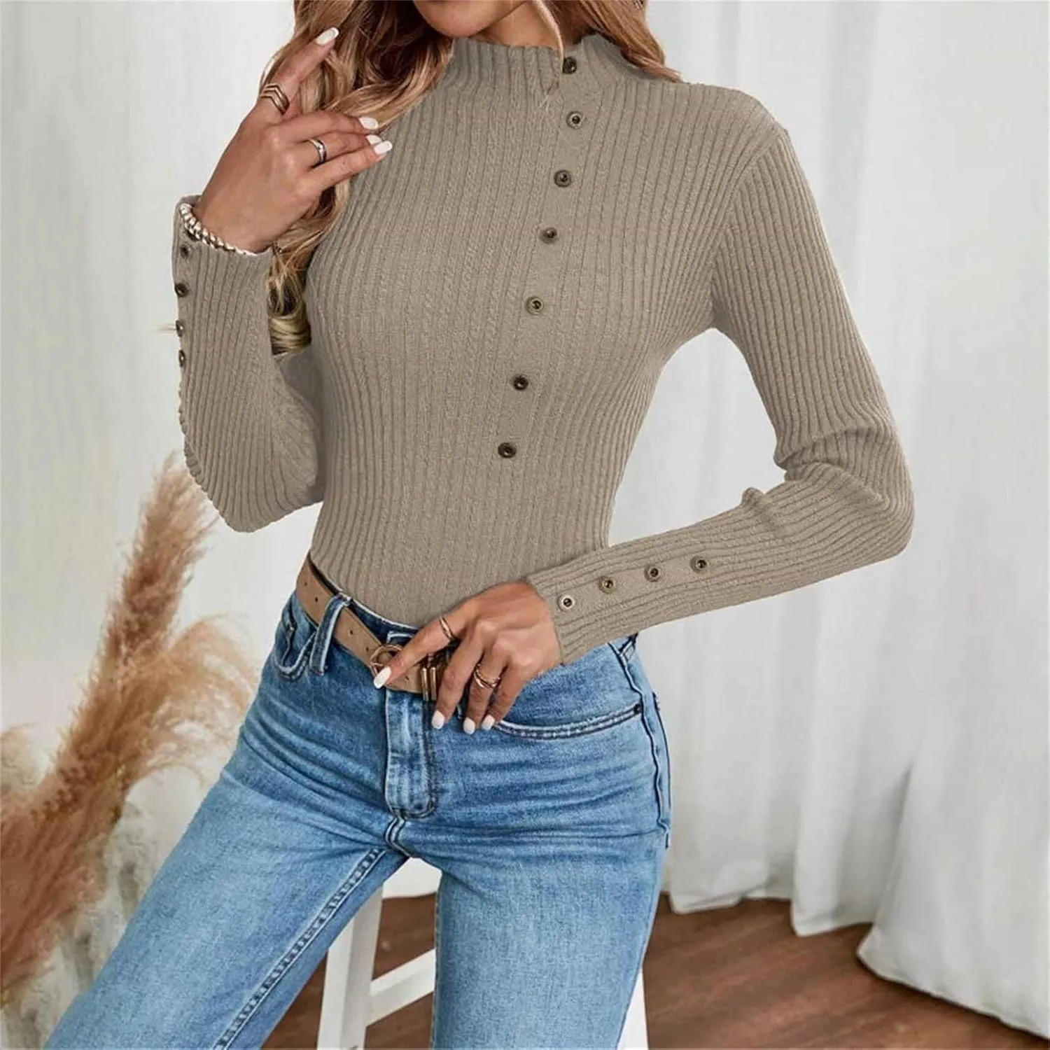 Womens Sweaters Trendy Casual Turtleneck Long Sleeve Shirts Warm Soft Slim Knit Sweater