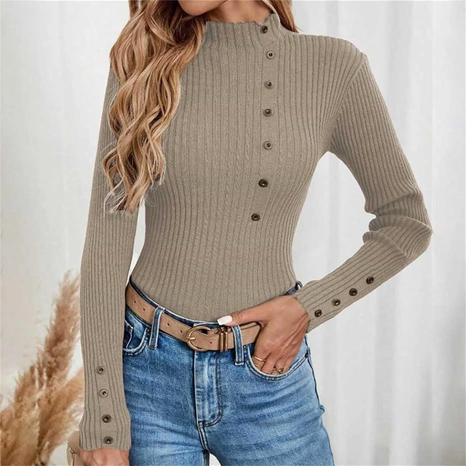 Womens Sweaters Trendy Casual Turtleneck Long Sleeve Shirts Warm Soft Slim Knit Sweater