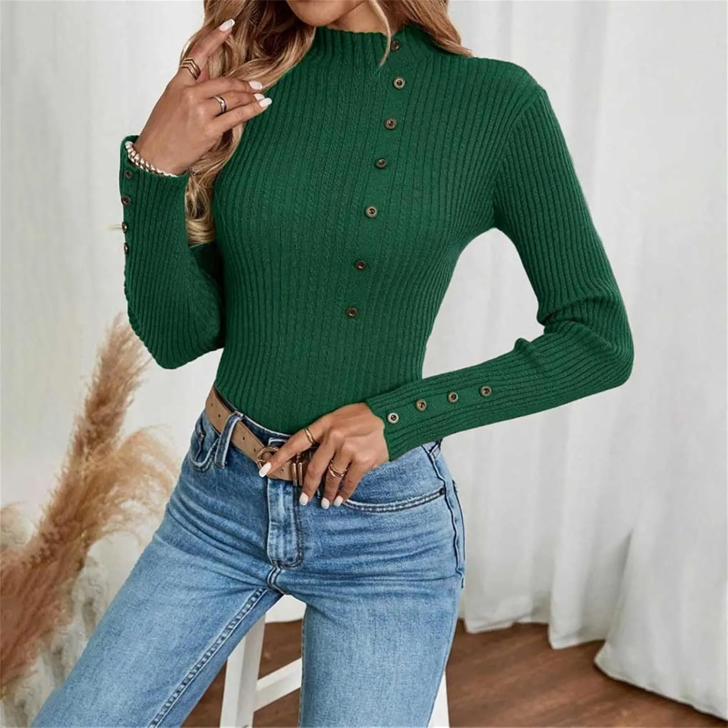 Womens Sweaters Trendy Casual Turtleneck Long Sleeve Shirts Warm Soft Slim Knit Sweater