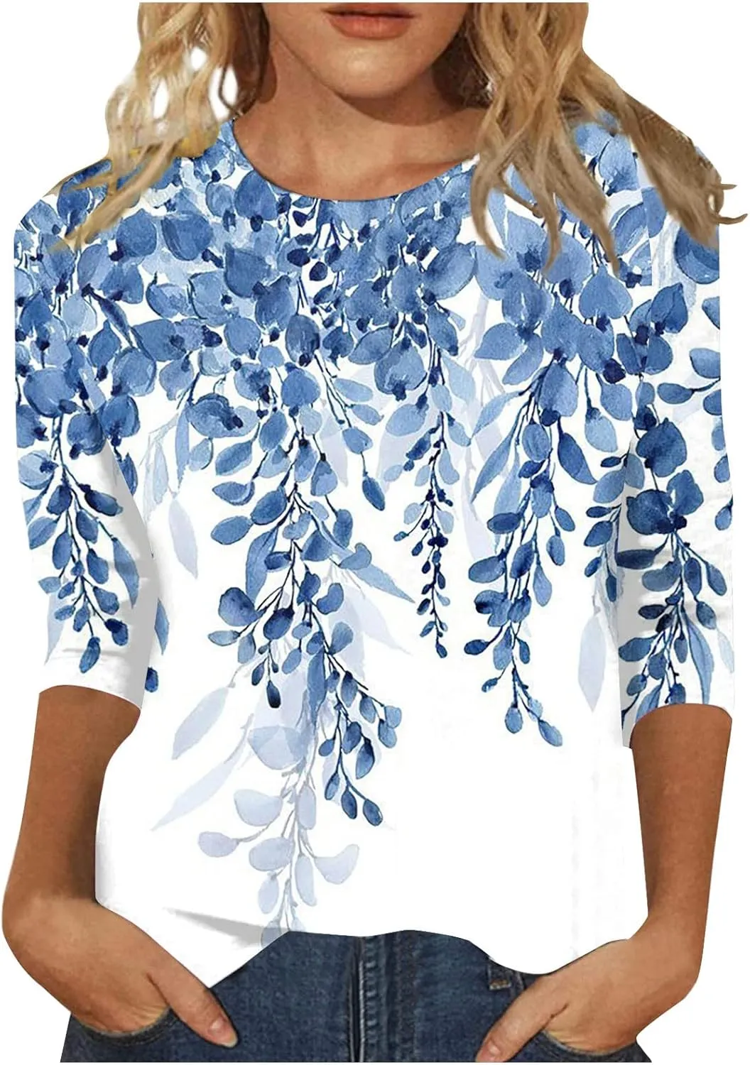 Womens Tops 3/4 Sleeve Shirts Trendy Floral Blouses Casual Loose Fit Summer Tee Crewneck Tunic Tops 2024 S-5XL