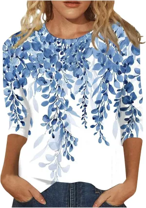 Womens Tops 3/4 Sleeve Shirts Trendy Floral Blouses Casual Loose Fit Summer Tee Crewneck Tunic Tops 2024 S-5XL