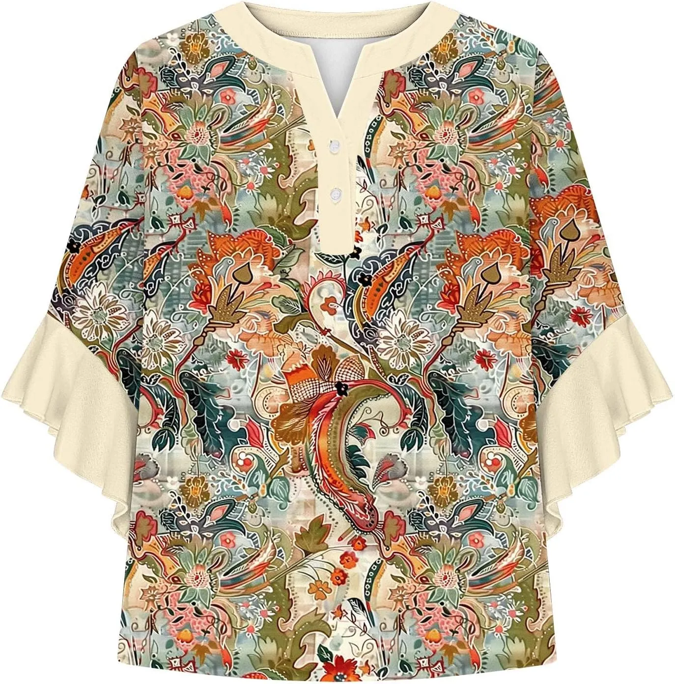 Womens Tops Dressy Casual 3/4 Length Bell Sleeve Top Oversized V Neck Floral T Shirts Summer Fashion Boho Tunics 2025