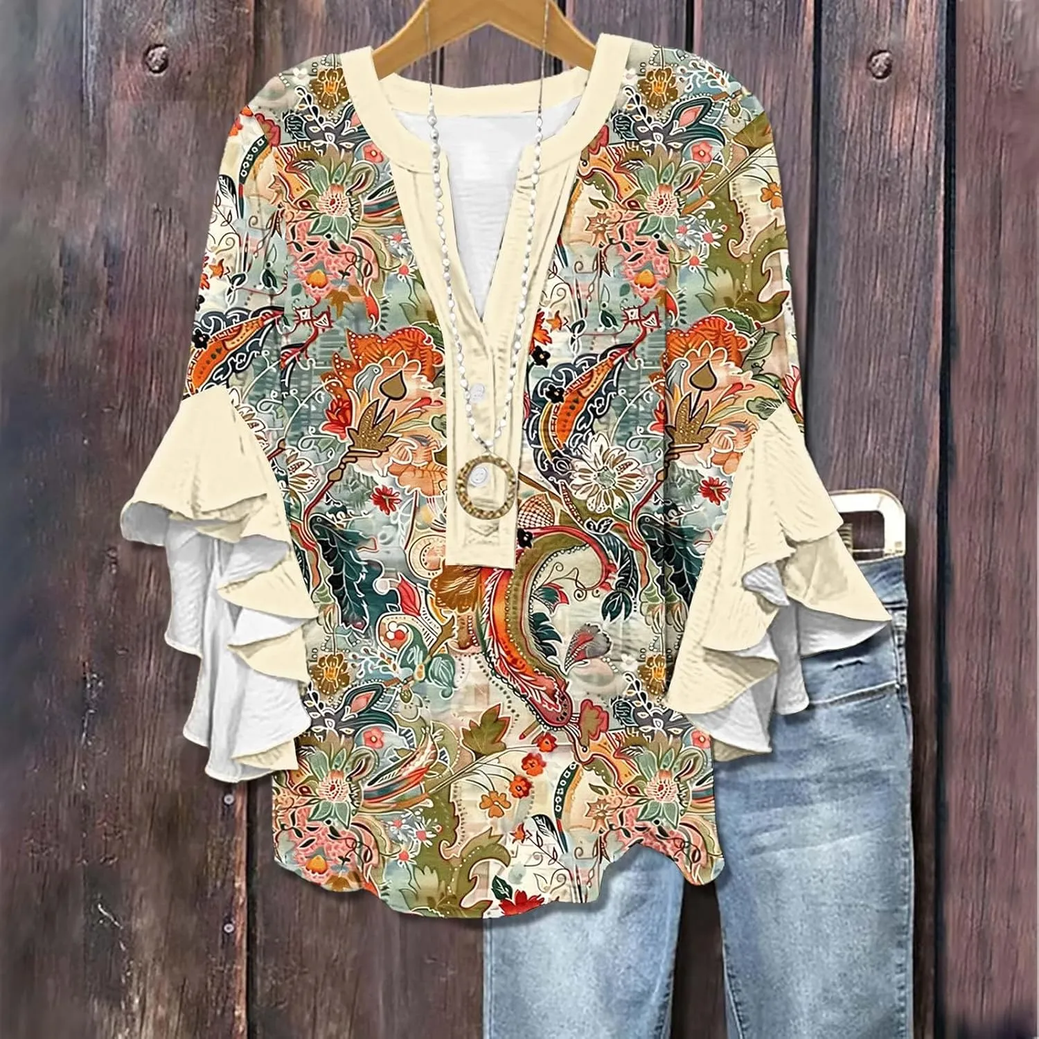 Womens Tops Dressy Casual 3/4 Length Bell Sleeve Top Oversized V Neck Floral T Shirts Summer Fashion Boho Tunics 2025