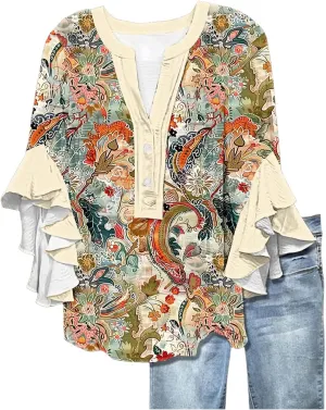 Womens Tops Dressy Casual 3/4 Length Bell Sleeve Top Oversized V Neck Floral T Shirts Summer Fashion Boho Tunics 2025