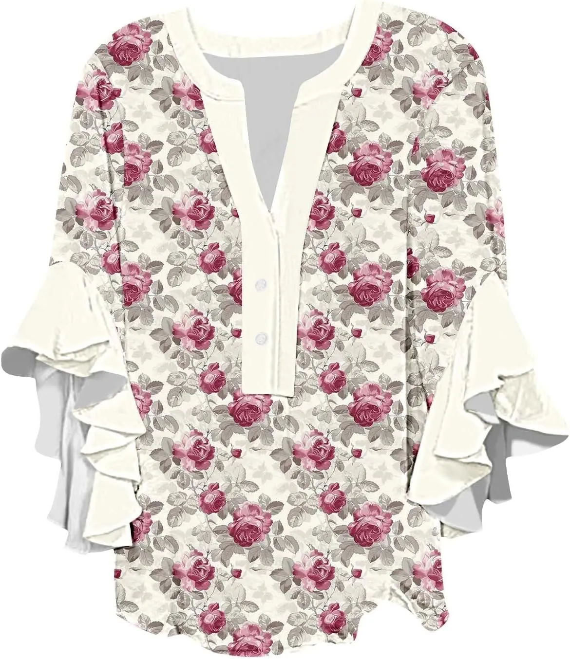 Womens Tops Dressy Casual 3/4 Length Bell Sleeve Top Oversized V Neck Floral T Shirts Summer Fashion Boho Tunics 2025