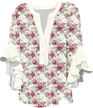 Womens Tops Dressy Casual 3/4 Length Bell Sleeve Top Oversized V Neck Floral T Shirts Summer Fashion Boho Tunics 2025
