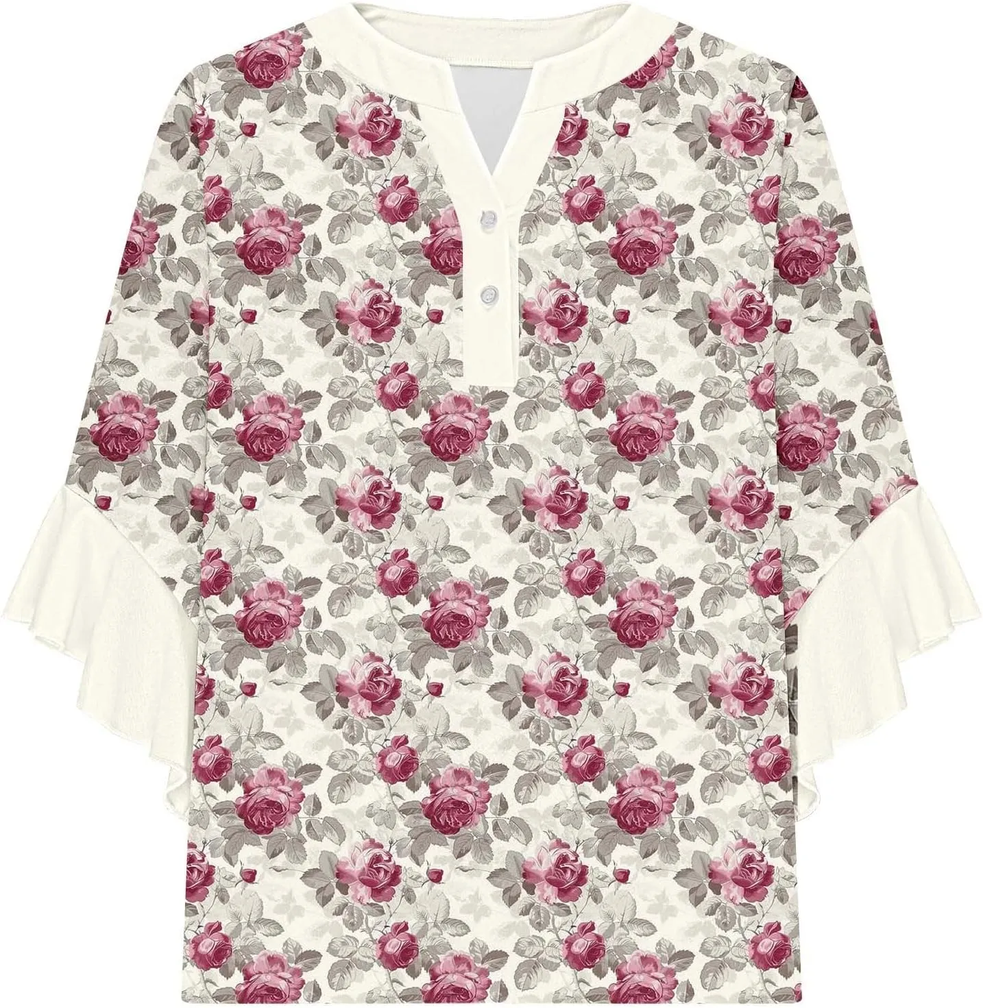 Womens Tops Dressy Casual 3/4 Length Bell Sleeve Top Oversized V Neck Floral T Shirts Summer Fashion Boho Tunics 2025
