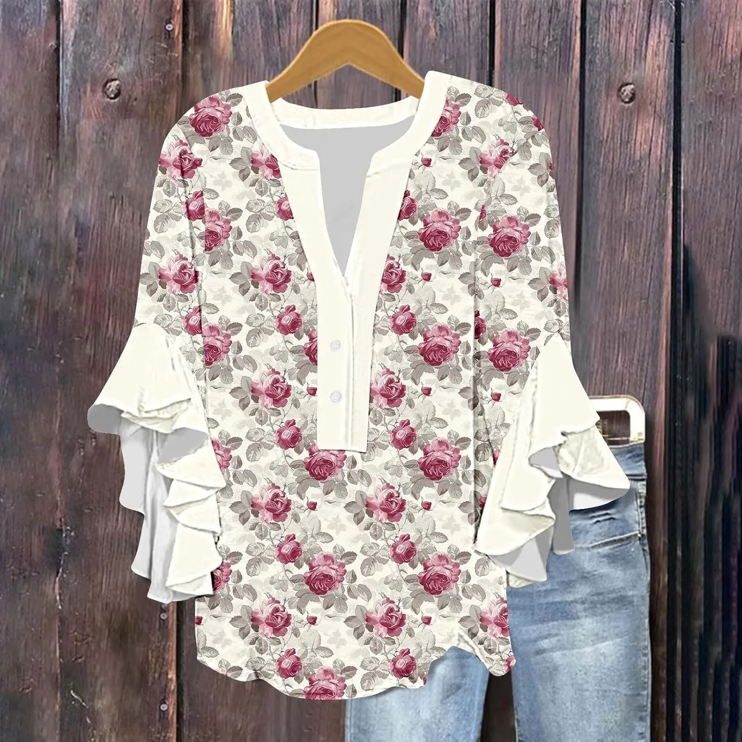 Womens Tops Dressy Casual 3/4 Length Bell Sleeve Top Oversized V Neck Floral T Shirts Summer Fashion Boho Tunics 2025