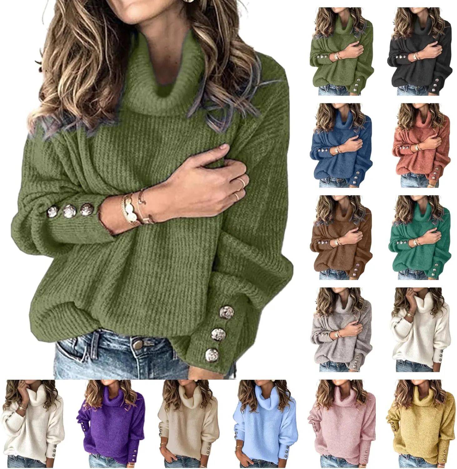 Women's Turtleneck Chunky Pullover Oversized Sweaters Cowl Neck Long Sleeve Winter Slouchy Loose Knit Sweaters