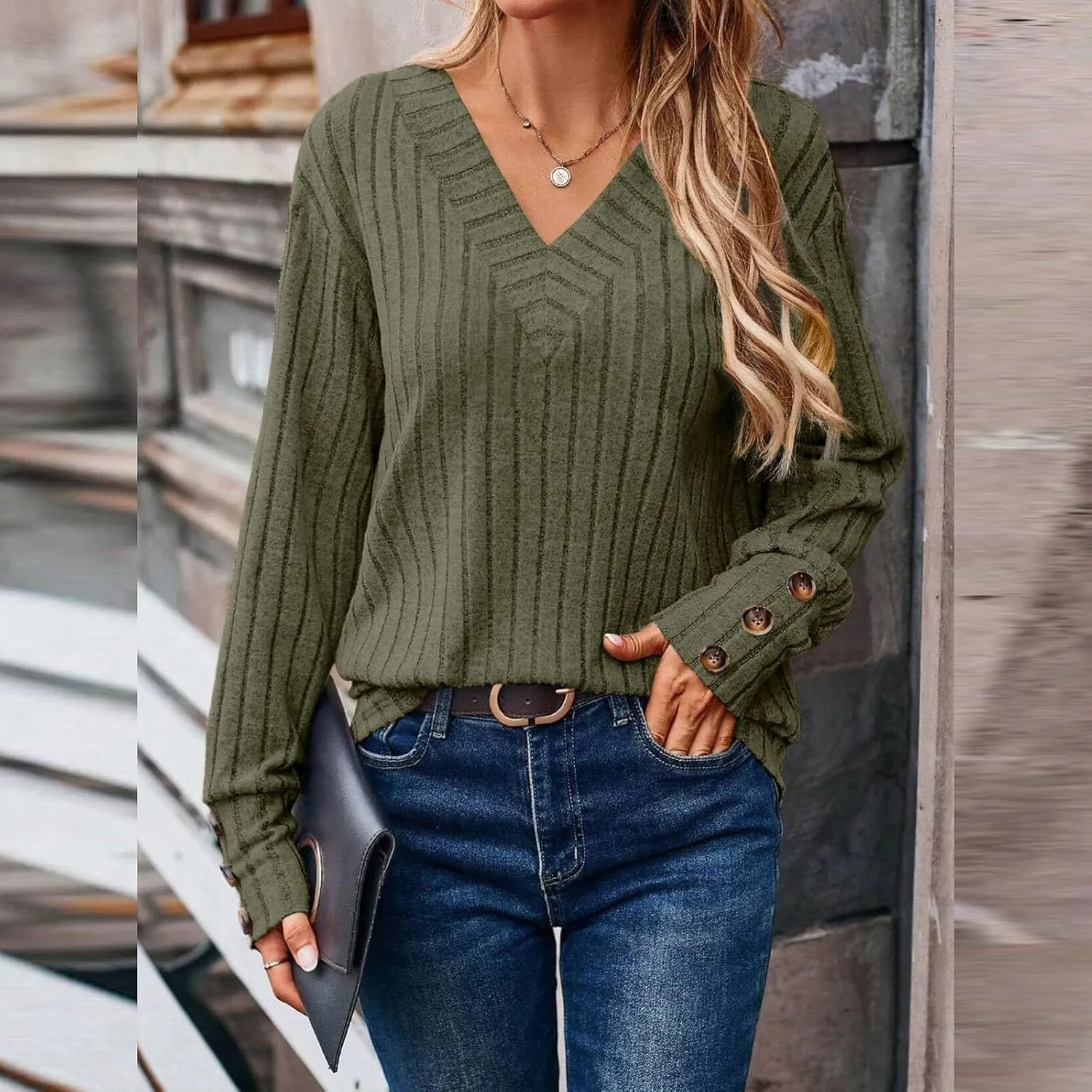 Womens V Neck Knit Sweater Casual Soft Long Sleeve Shirts Decorative Buttons Knitted Pullover Tunic Tops
