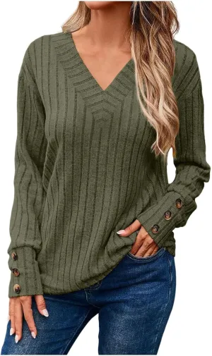 Womens V Neck Knit Sweater Casual Soft Long Sleeve Shirts Decorative Buttons Knitted Pullover Tunic Tops