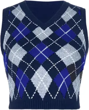 Women's V Neck Knit Sweater Vest Argyle Plaid Preppy Style Sleeveless Crop Knitwear Tank Y2K Crop Sweater Vest