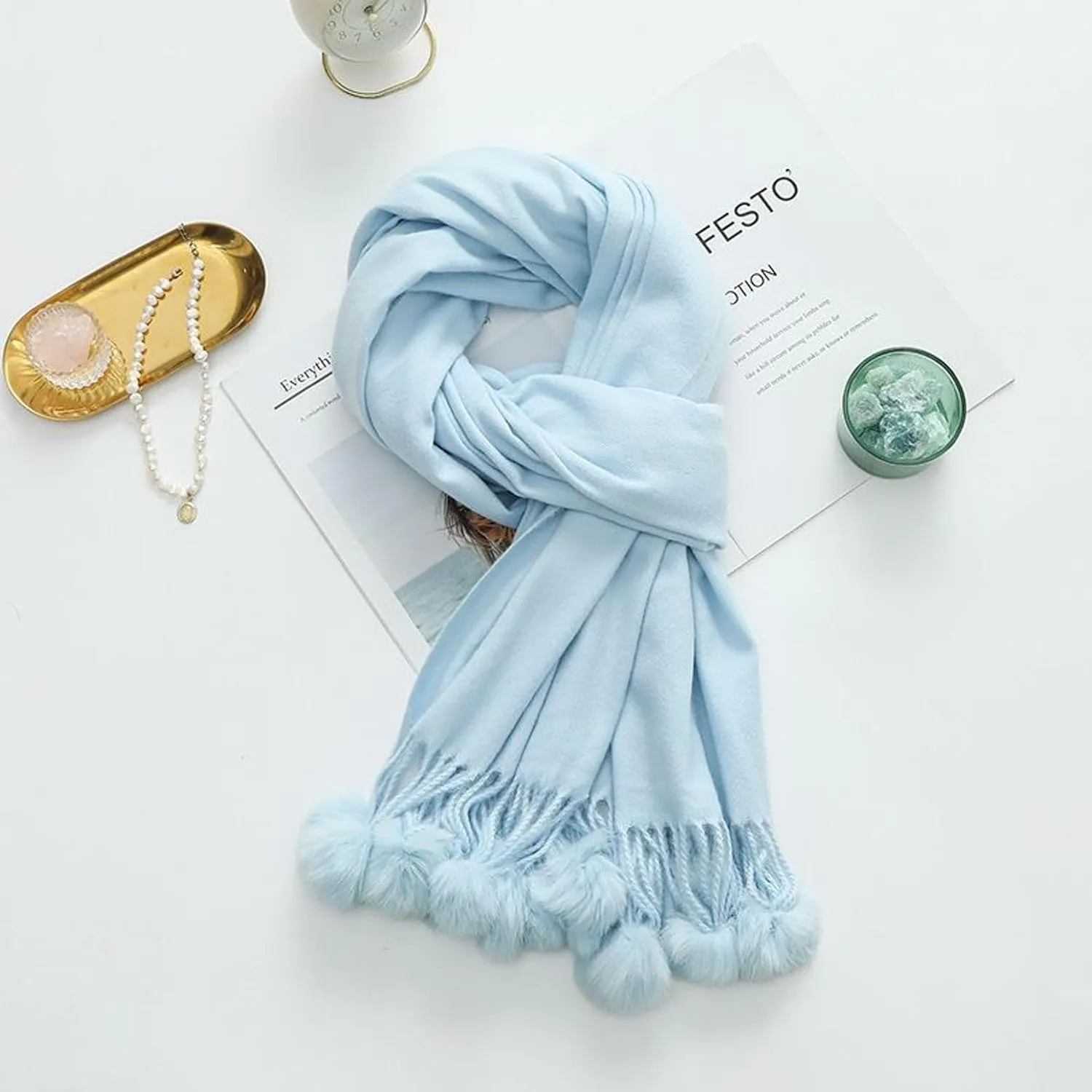 Women's Warm Scarf Cute Soft Fashion Travel Fringe Shawls and Wraps Dinner Lightweight Pashmina with Pom Pom Trim