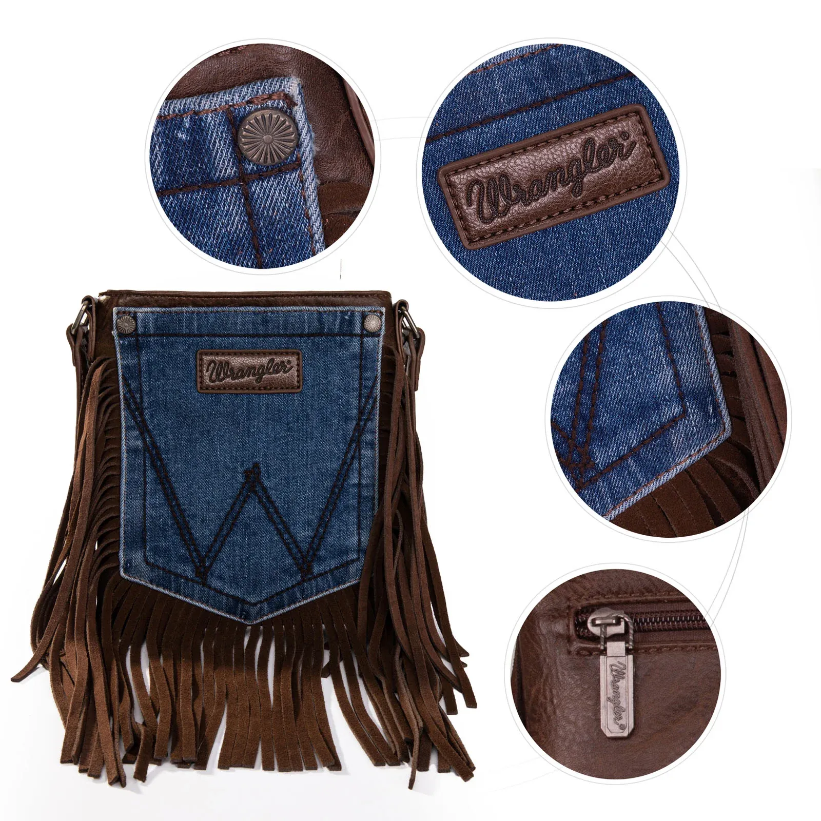 Wrangler Leather Fringe Jean Denim Pocket Crossbody Handbag - Coffee