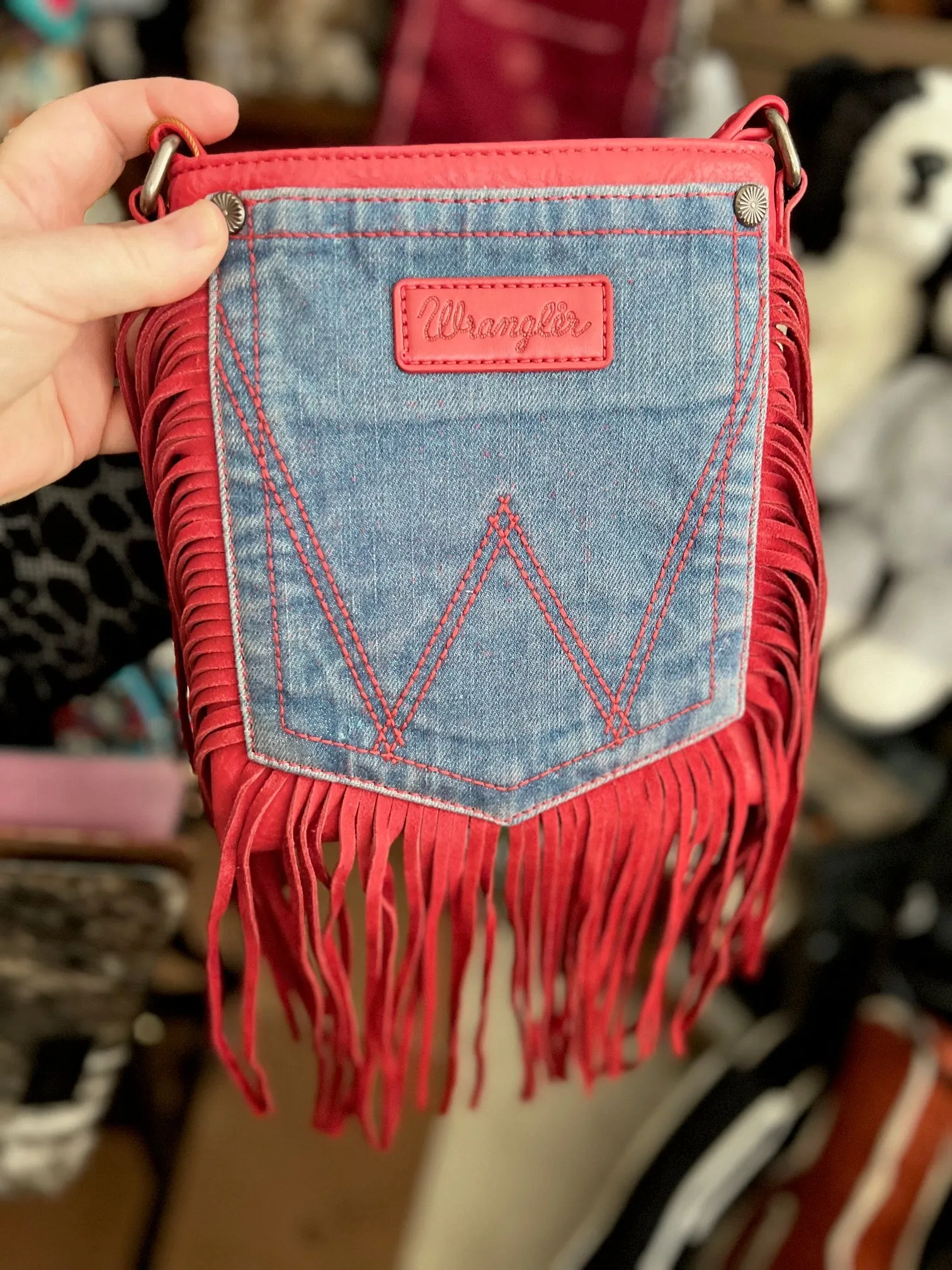 Wrangler Leather Fringe Jean Denim Pocket Crossbody Handbag - Coffee