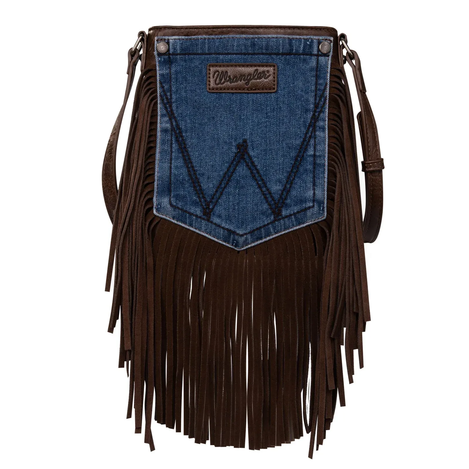 Wrangler Leather Fringe Jean Denim Pocket Crossbody Handbag - Coffee