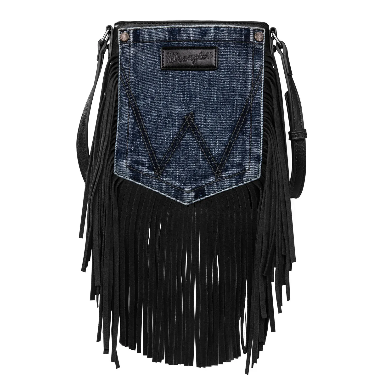 Wrangler Leather Fringe Jean Denim Pocket Crossbody Handbag - Coffee
