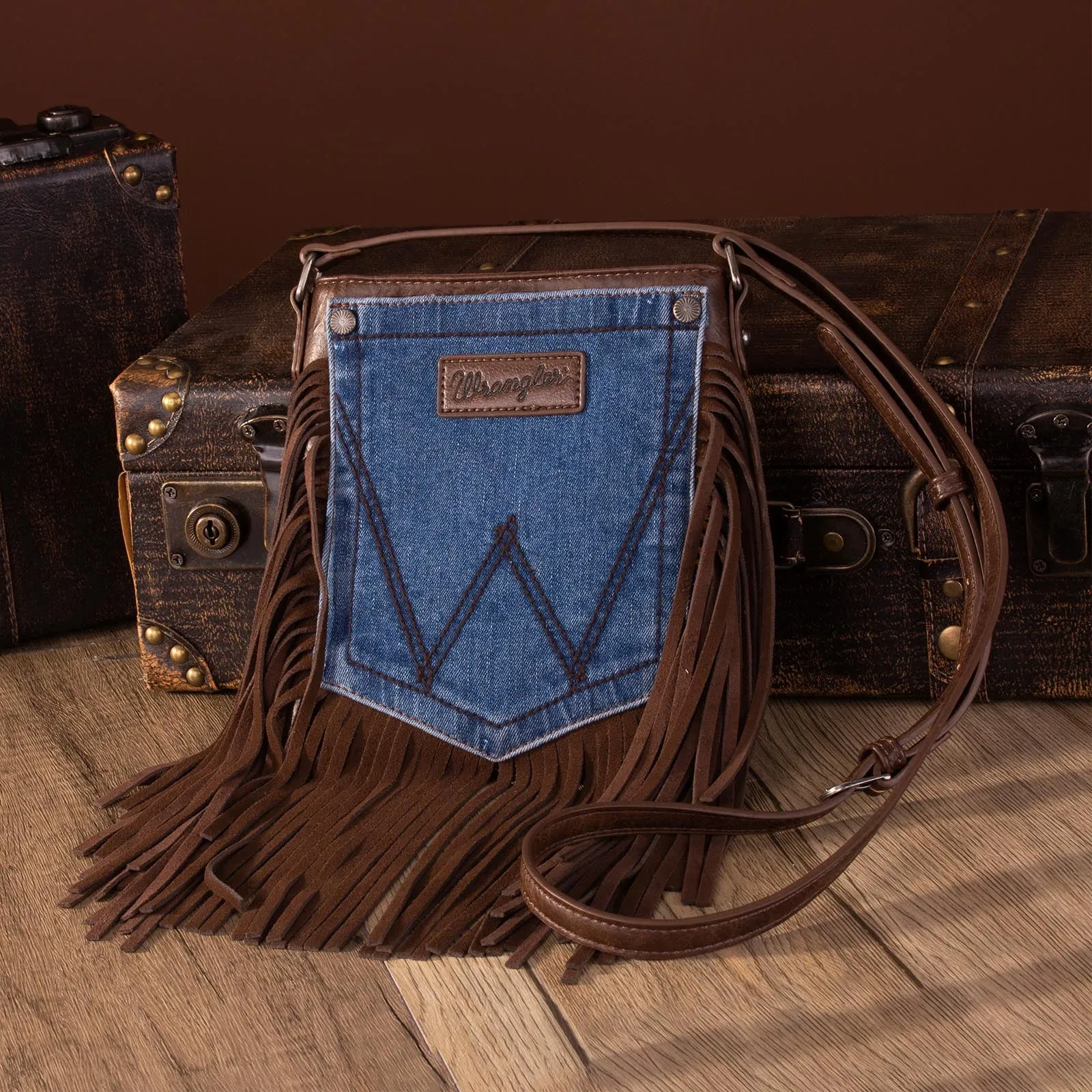 Wrangler Leather Fringe Jean Denim Pocket Crossbody Handbag - Coffee