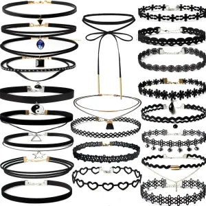 YOKER 22 Pcs Necklaces Black Velvet Choker Set for Womens Velvet Choker Set Classic Gothic Tattoo Lace Chokers Adjustable for Party Cosplay Christmas Birthday
