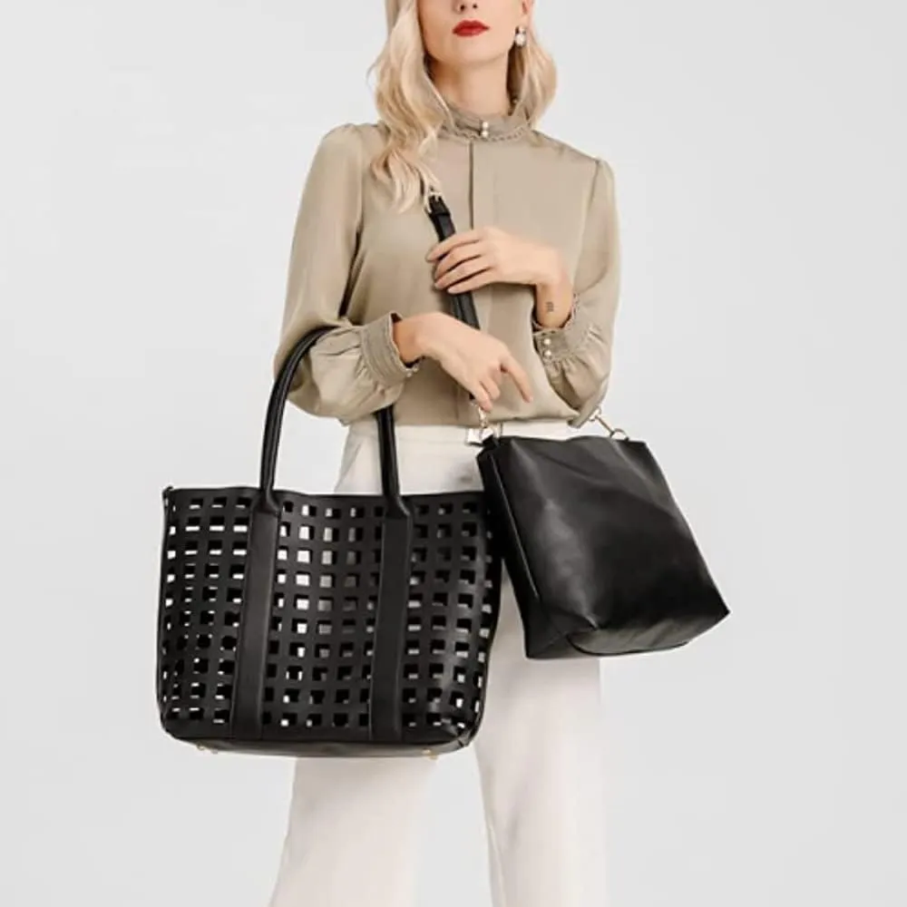 ZiMing 2 Pcs Handbags for Women Tote Bags Purses Set Faux Leather Satchel Hollowed Out Bag Large Capacity Shoulder Bag