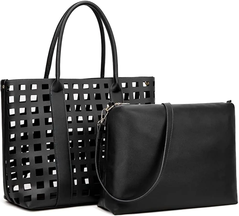 ZiMing 2 Pcs Handbags for Women Tote Bags Purses Set Faux Leather Satchel Hollowed Out Bag Large Capacity Shoulder Bag