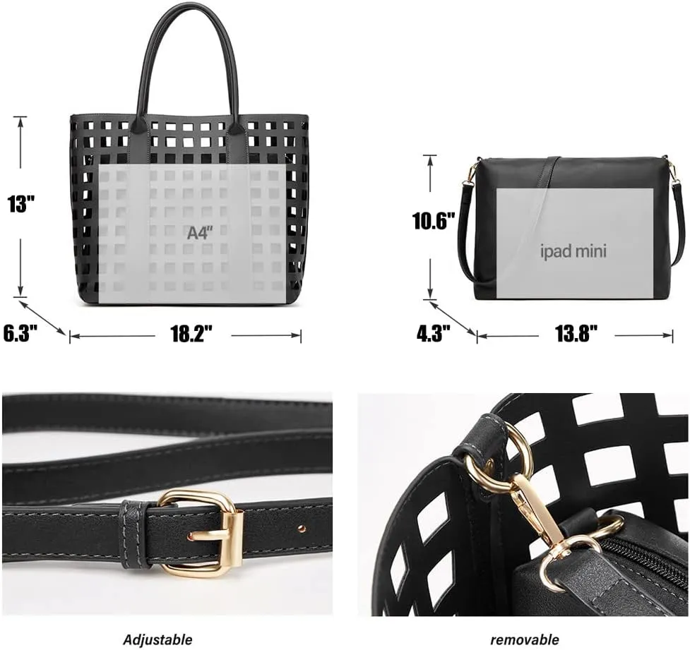 ZiMing 2 Pcs Handbags for Women Tote Bags Purses Set Faux Leather Satchel Hollowed Out Bag Large Capacity Shoulder Bag
