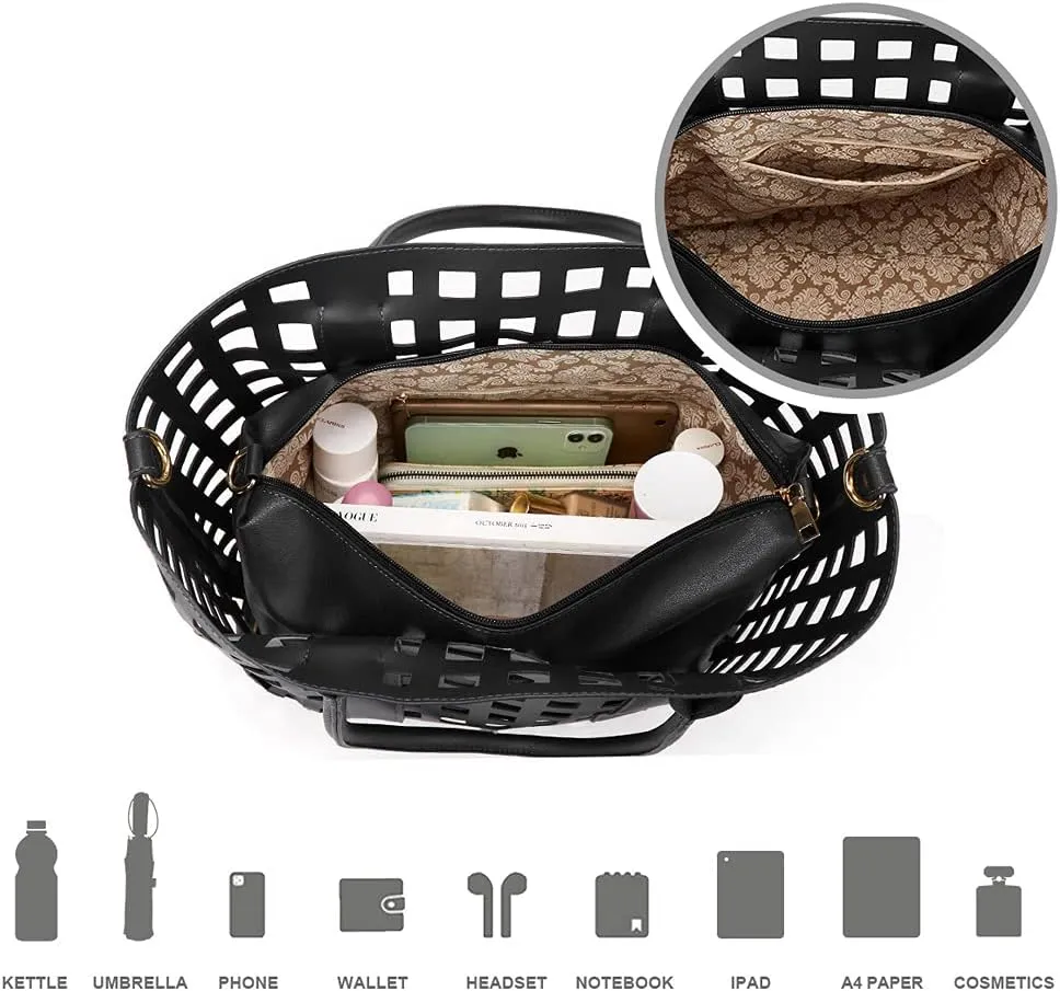 ZiMing 2 Pcs Handbags for Women Tote Bags Purses Set Faux Leather Satchel Hollowed Out Bag Large Capacity Shoulder Bag