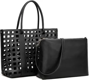 ZiMing 2 Pcs Handbags for Women Tote Bags Purses Set Faux Leather Satchel Hollowed Out Bag Large Capacity Shoulder Bag