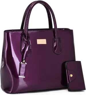 ZiMing Womens Handbags 2Pcs Glossy Patent Leather Tote Bag Top Handle Handbag Satchel Purse Shoulder Crossbody Bag Card Hold