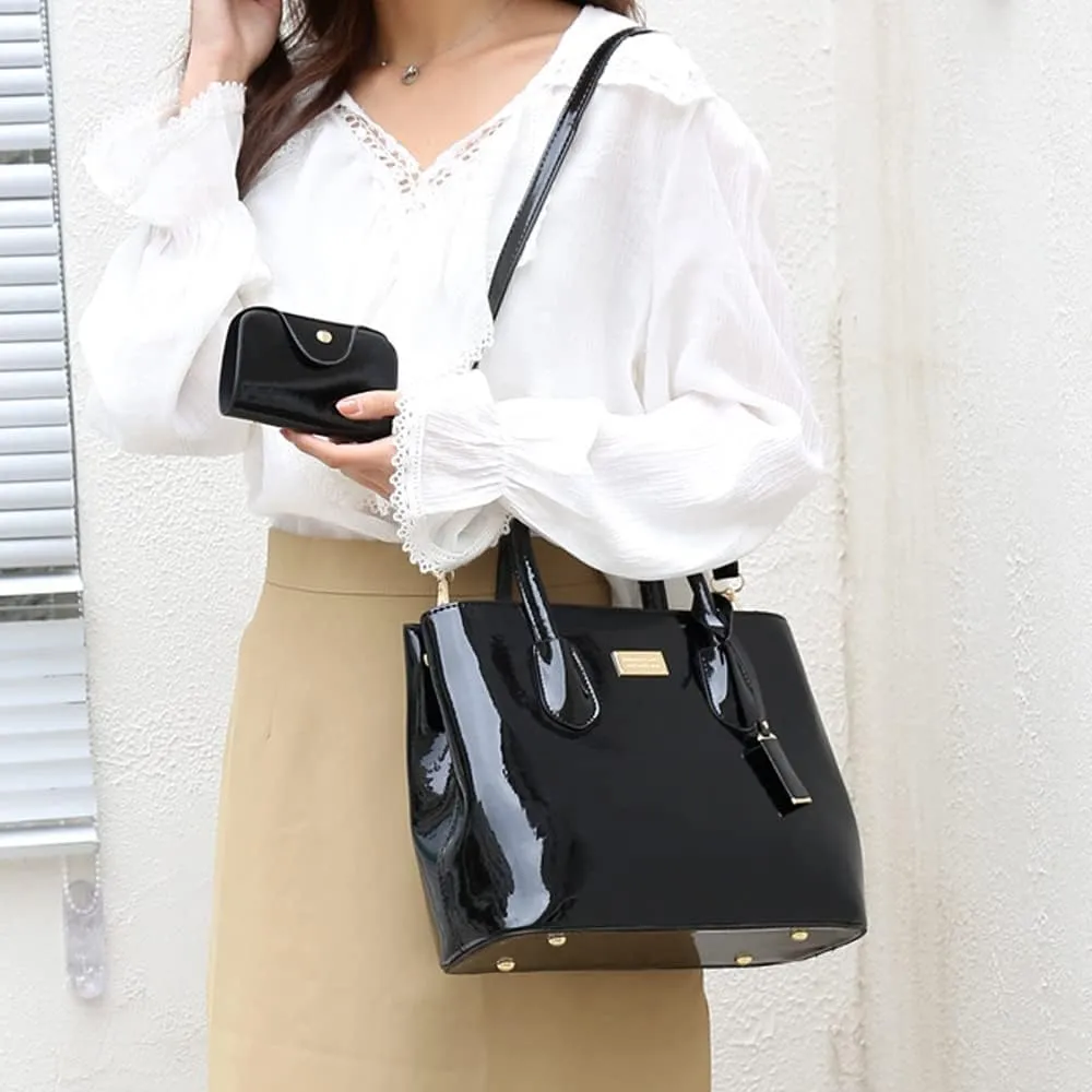 ZiMing Womens Handbags 2Pcs Glossy Patent Leather Tote Bag Top Handle Handbag Satchel Purse Shoulder Crossbody Bag Card Hold